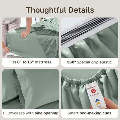 California Design Den King Size Sheet Set - Luxury Hotel 800 Thread Count Sateen, Natural 100% Cotton Bedsheets King Size Bed, Deep Pockets with Snug Fit, Durable Bedding Set - Sage Green