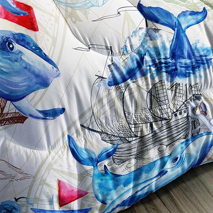 Nautical Whale Comforter Set Twin,Blue Whale Ocean Lighthouse 3 Pieces Bedding Set for Kids Boys Teens,Vintage Nautical Map Microfiber Lightweight Quilt Bedroom Decor with 2 Pillow Cases
