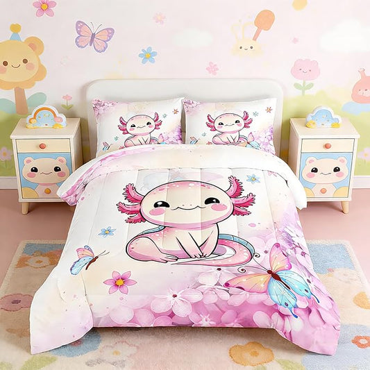 Cartoon Axolotl Comforter Kids Bedding Set,Axolotl Flower Butterfly Bedding Queen Size for Boys Girls Room Kawaii Decor,Pink Toddler Comforter Sets with 2 Pillowcases.