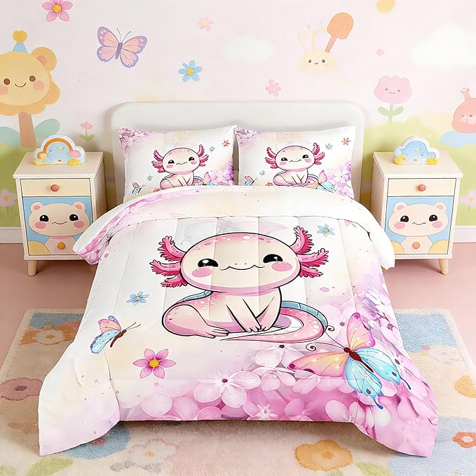 Cartoon Axolotl Comforter Kids Bedding Set,Axolotl Flower Butterfly Bedding Full Size for Boys Girls Room Kawaii Decor,Pink Toddler Comforter Sets with 2 Pillowcases.
