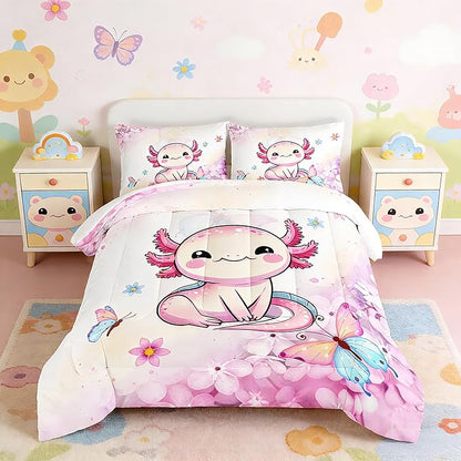 Cartoon Axolotl Comforter Kids Bedding Set,Axolotl Flower Butterfly Bedding Full Size for Boys Girls Room Kawaii Decor,Pink Toddler Comforter Sets with 2 Pillowcases.