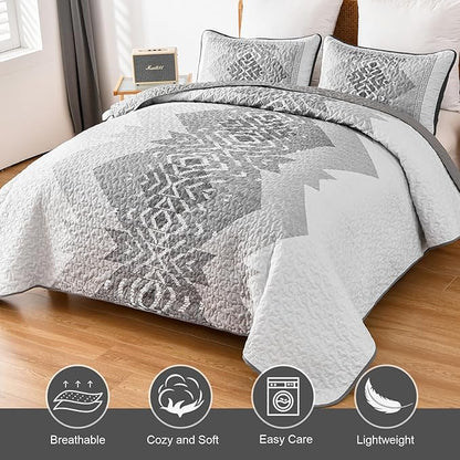 Dintszyayue Grey Quilt Set Queen Size 3 Pieces Boho Aztec Quilt Set Queen Gray Bedspread Coverlet Set with 2 Pillowcases Soft Microfiber Bohemian Quilt Bedding Set for All Season 90"x96"