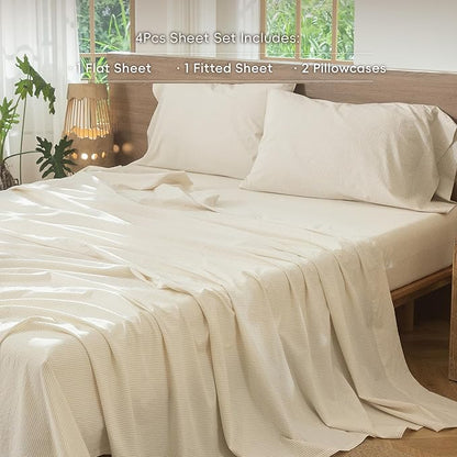 MooMee Striped Sheet Set 100% Washed Cotton Linen Like Textured Breathable Durable Soft Comfy (Almond Milk Grey Pinstripes, Queen)