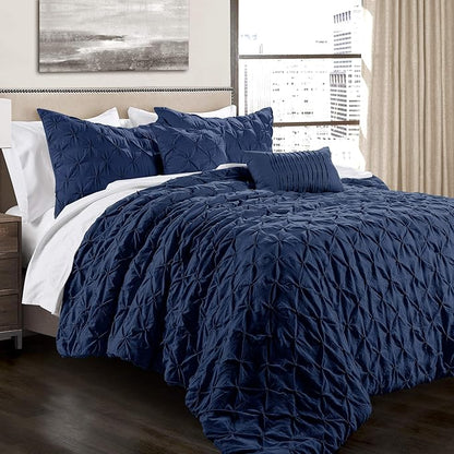 Lush Decor Ravello Pintuck Comforter Set - Luxe 5 Piece Textured Bedding Set - Traditional Glam & Farmhouse Inspired Bedroom Decor - Full/ Queen, Navy