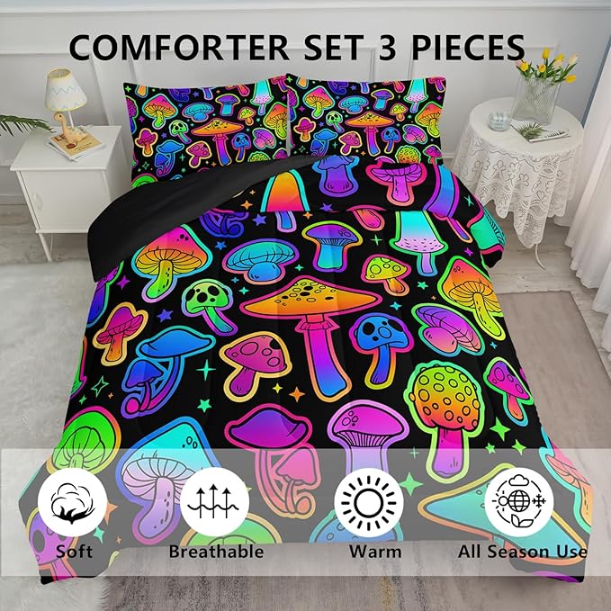 Mushroom Comforter Set Kids Bedding Set Queen,3Pcs Colorful Soft Black Gradient Mushroom Quilt Set Bed in A Bag with 1 Comforter 2 Pillowcases for Kids Boys Girls Teens Adults Room Decor All Season