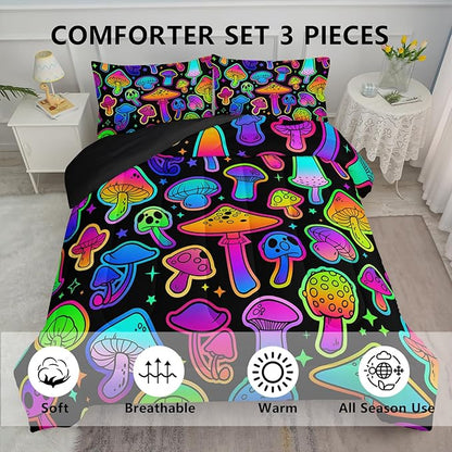 Mushroom Comforter Set Kids Bedding Set Full,3Pcs Colorful Soft Black Gradient Mushroom Quilt Set Bed in A Bag with 1 Comforter 2 Pillowcases for Kids Boys Girls Teens Adults Room Decor All Season