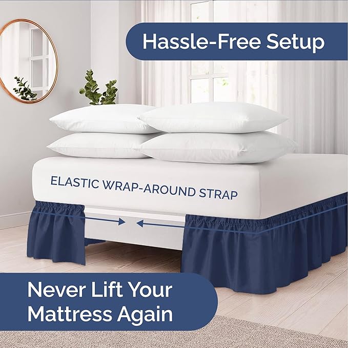 Wrap Around Dust Ruffle Bed Skirt - Navy Blue - for King Size Beds with 12 Inch Drop - Elastic Strap - Adjustable Pleated Bedskirt with Brushed Fabric and Wrinkle Free - for Women, Men, Kids & Teens