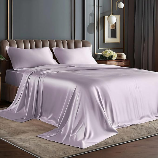 BEDELITE King Size Sheets Set, Luxury Soft Lavender Satin Sheets for Hair and Skin, Similar to Silk Bed Sheets Set 4 Pieces with 1 Deep Pocket Fitted Sheet, 1 Flat Sheet, and 2 Pillowcases