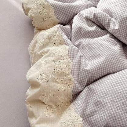 VM VOUGEMARKET Lavender Gingham Comforter Set Full 3 Pieces Lace Bedding Set Simple Cozy Mini Plaid Grid Comforter with 2 Lace Pillowcases for Girls Women