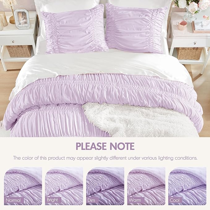 Intelligent Design King Comforter Set Ruched Shabby Chic Comforters for King Size Bed, All Season Lightweight Purple Ruffle, French Country Bedding Set, Shams, Ella, King/Cal King, Lavender 3 Piece