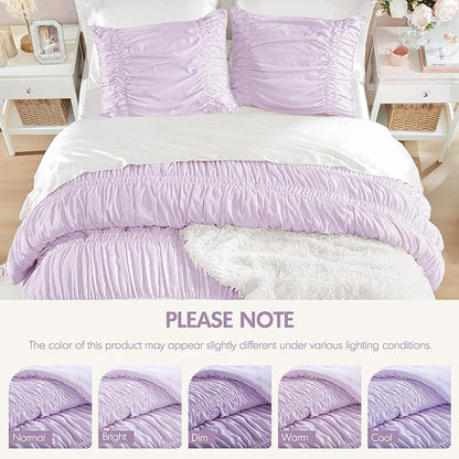 Intelligent Design King Comforter Set Ruched Shabby Chic Comforters for King Size Bed, All Season Lightweight Purple Ruffle, French Country Bedding Set, Shams, Ella, King/Cal King, Lavender 3 Piece
