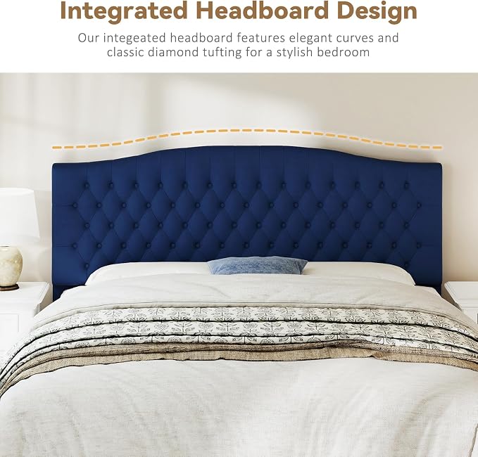 King Headboard Only, Upholstered Headboard King Size for Adjustable Bed Velvet Tufted Wall Mounted Head Board with Solid Wood Legs, Navy Blue