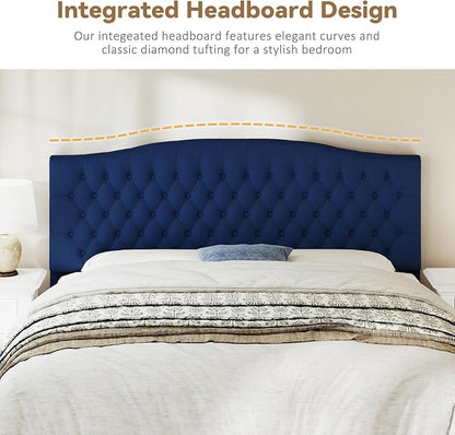 King Headboard Only, Upholstered Headboard King Size for Adjustable Bed Velvet Tufted Wall Mounted Head Board with Solid Wood Legs, Navy Blue