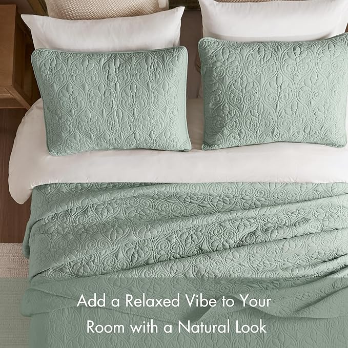 Madison Park Quebec King Size Quilt Bedding Set - Seafoam , Damask – 3 Piece Bedding Quilt Coverlets – Ultra Soft Microfiber Bed Quilts Quilted Coverlet