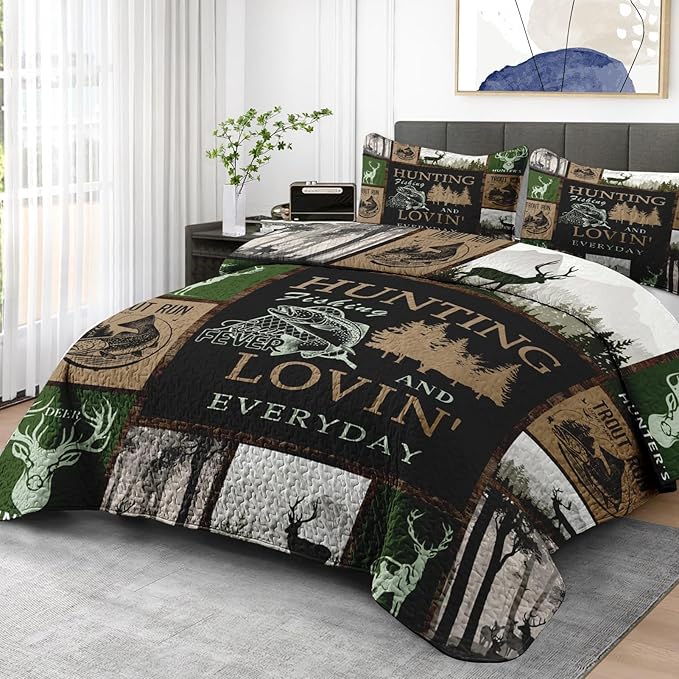 Quilt Set Twin Size, Cabin Deer Animal Tree 2 Pcs Soft Bed Cover Bedding Set for Kids and Adults, Rustic Mountains Gray Lightweight Bedspread Coverlet with Pillow Sham for All Season