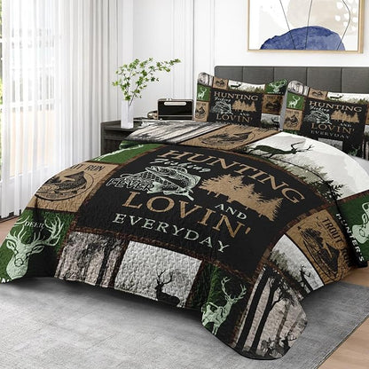 Quilt Set Twin Size, Cabin Deer Animal Tree 2 Pcs Soft Bed Cover Bedding Set for Kids and Adults, Rustic Mountains Gray Lightweight Bedspread Coverlet with Pillow Sham for All Season