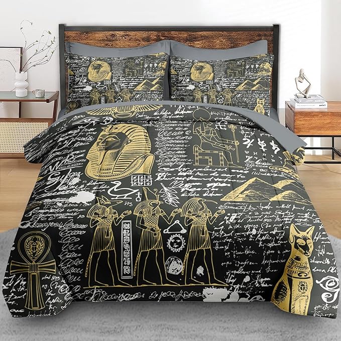 Comforter Set Twin Size, Retro Egyptian Egypt 5 Pcs Bedding for Kids and Adults, God Pharaoh Abstract Bed Sheet Sets with Fitted Sheet Pillowcase & Sham for Bedroom Bed Decor