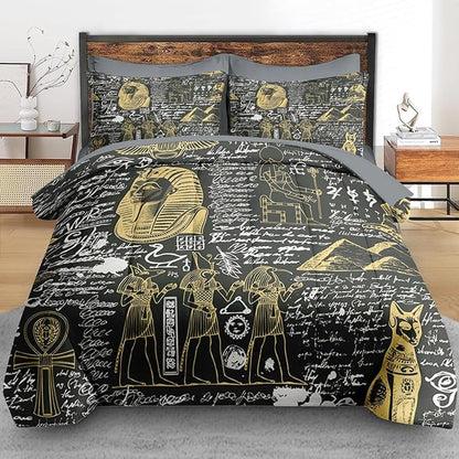 Comforter Set Twin Size, Retro Egyptian Egypt 5 Pcs Bedding for Kids and Adults, God Pharaoh Abstract Bed Sheet Sets with Fitted Sheet Pillowcase & Sham for Bedroom Bed Decor