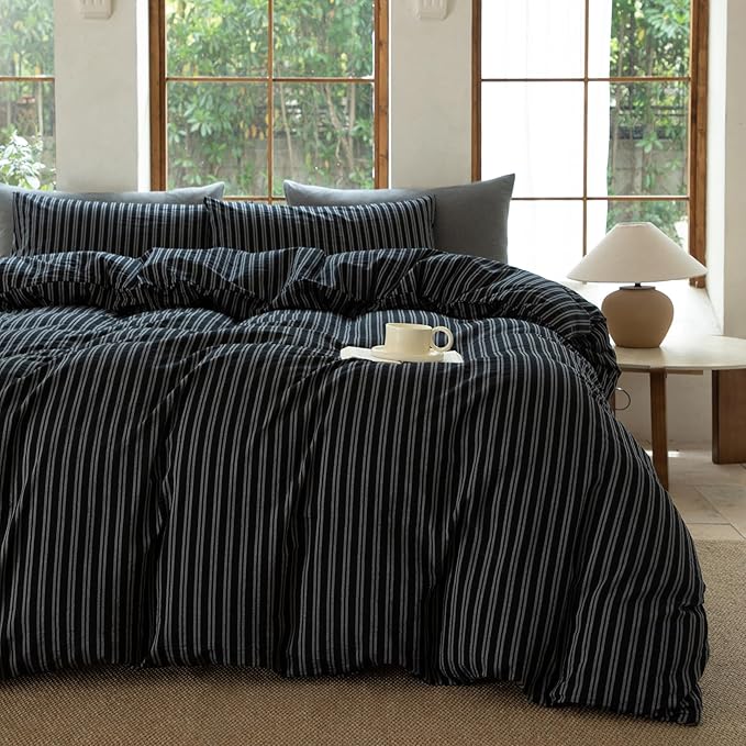 Striped Duvet Cover Set 100% Washed Cotton Linen Like Soft Feelling Breathable Bedding(Strip-Black/White,Full)