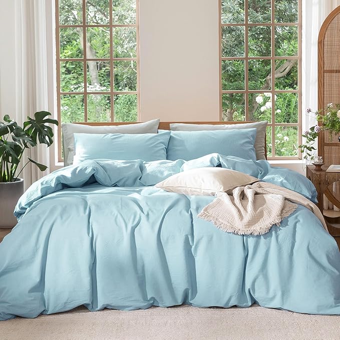 MooMee Bedding Duvet Cover Set 100% Washed Cotton Linen Like Textured Breathable Durable Soft Comfy (Heathered Light Blue, Queen 90"x90")
