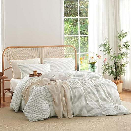 Nayoroom Striped Duvet Cover Queen Size 100% Washed Cotton White Green Stripe Duvet Cover 3 Pieces Soft Breathable Girls Dorm Bedding Set for All Seasons, Yarn Dyed Process
