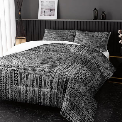 Grey Splicing Comforter Sets Twin Size, Bohemian Geometric Bedding Set for Your Room, Abstract Soft Lightweight Quilted Set All Season, 1 Comforter and 2 Pillowcases