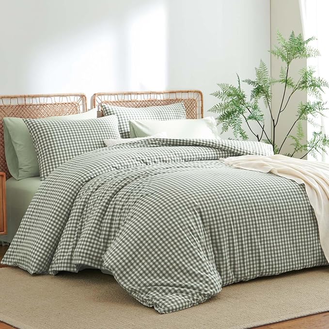 Nayoroom Gingham Duvet Cover King Size 100% Washed Cotton Green Plaid Checkered Comforter Cover 3 Pcs Soft Breathable Grid Farmhouse Dorm Bedding Set for All Seasons