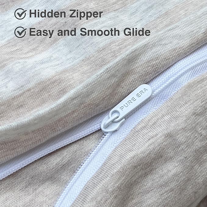 PURE ERA Jersey Knit 2pc Duvet Cover Set 100% T-Shirt Heather Cotton Super Soft Comfy Classic Striped Design, with Zipper Closure, Heather Beige Stripe, Twin