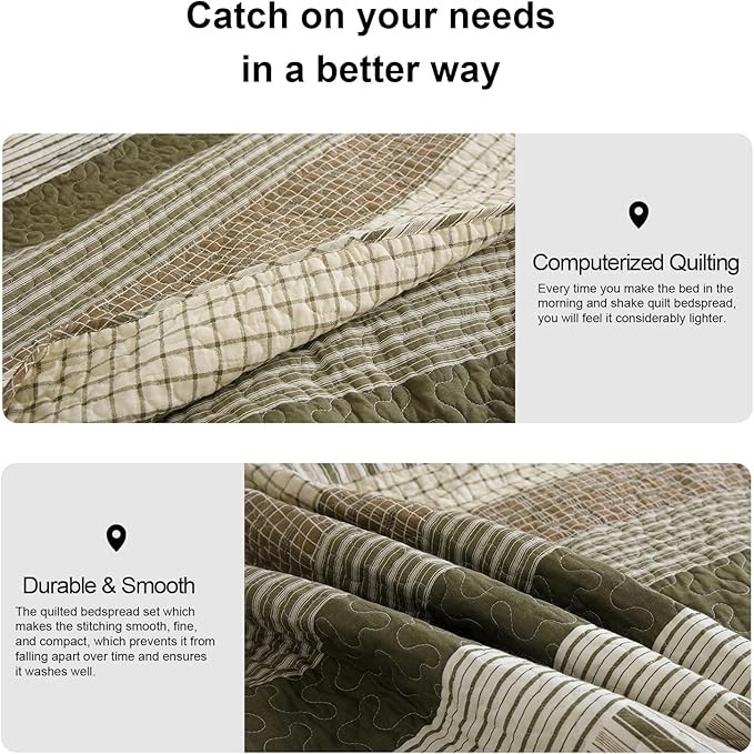 PANGUSHAN 100% Cotton Quilt Set Queen Size, Patchwork Queen Quilt Bedding Set Bedspreads, Farmhouse Lightweight Comforter Reversible Quilt, Queen Bed Spread for All Season, Green/Brown/Cream