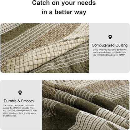 PANGUSHAN 100% Cotton Quilt Set Queen Size, Patchwork Queen Quilt Bedding Set Bedspreads, Farmhouse Lightweight Comforter Reversible Quilt, Queen Bed Spread for All Season, Green/Brown/Cream