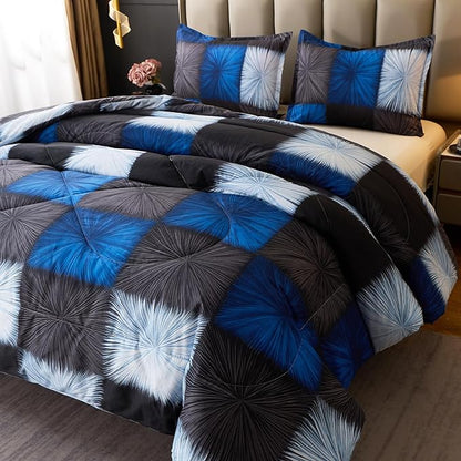 Caressma Black and Navy Blue Checkered Comforter Bedding Set, Full Size Blue White Plaid Comforter Set for Boys, Fluffy Black Grid Home Decor for All Seasons