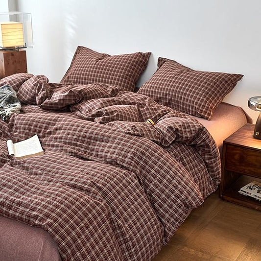 EAVD Vintage Style Burgundy Gingham Duvet Cover Twin 100% Washed Cotton Like Linen Feel Soft Checkered Grid Plaid Bedding Set with 2 Pillowcases Farmhouse Grid Geometric Duvet Cover with Zipper