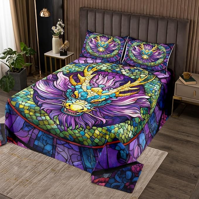 Chinese Dragon Kids Bedspread King Size,Dragon Scale Western Animals Coverlet Set,Boys Girls Room Decor,Geometric Patchwork Abstract Quilted Coverlet,Blue Purple Gothic Bedding Quilt,2 Pillowcases