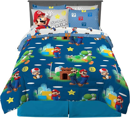 Super Mario Bros Kids Bedding Super Soft Cozy Comforter and Sheet Set with Sham, 7 Piece Full Size Nintendo Gamer Bed Set, (100% Officially Licensed Product) by Franco