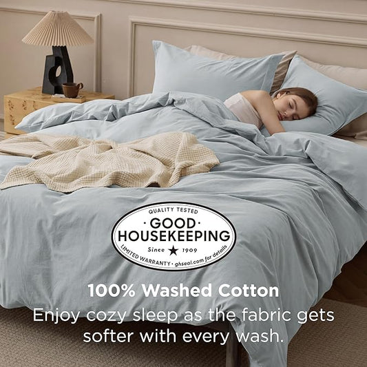 Bedsure 100% Washed Cotton Duvet Cover King Size - Pastel Blue Minimalist Bedding Set Linen Like - PureWoven Plain Simple & Soft Comforter Cover for All Seasons (Pastel Blue, King, 104"x90")