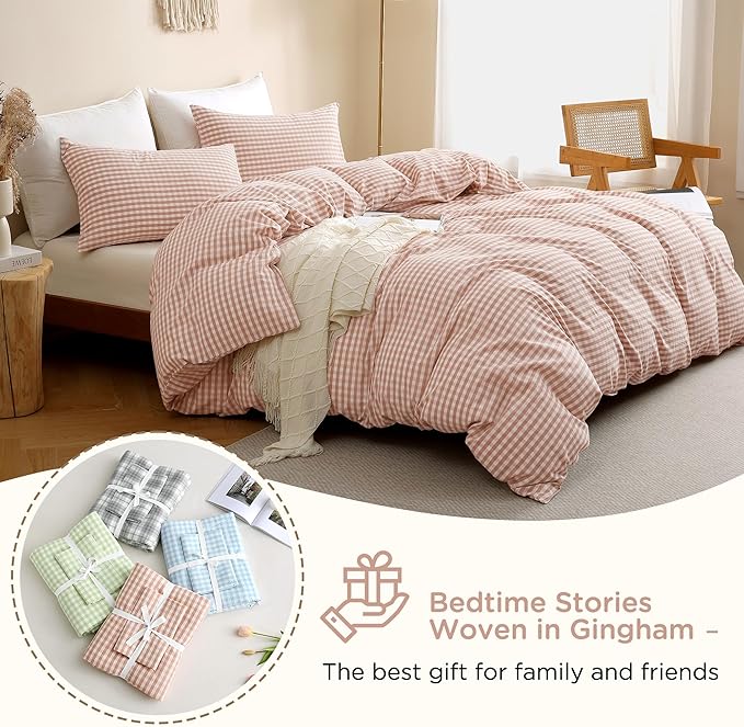 TOCOMOA Pink Tan Gingham Duvet Cover Bedding Set 100% Washed Cotton Like Linen Feel Super Soft Comfy 3 Piece Vintage Plaid Checkered Fall Comforter Cover Set (Queen 90"x90", Comforter Not Included)