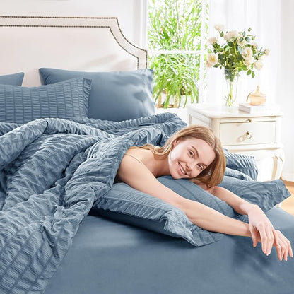 CozyLux Full Size Comforter Sets with Sheets 7 Pieces, Grayish Blue Seersucker Bed in a Bag Textured Luxury Soft Dusty Blue Bedding Sets with Down Alternative Comforter, Sheets, Pillowcases & Shams