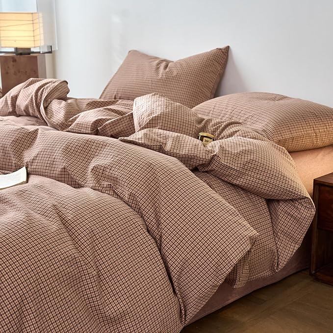 Gingham Duvet Covers Full Blush Pink Washed Cotton Full Comforter Cover Plaid Checkered Pattern Boho Duvet Cover Set with Hidden Zipper Cozy Vintage Bedding Set for Girls Duvet Protector