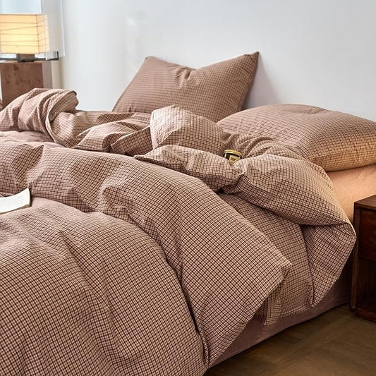 Gingham Duvet Covers Full Blush Pink Washed Cotton Full Comforter Cover Plaid Checkered Pattern Boho Duvet Cover Set with Hidden Zipper Cozy Vintage Bedding Set for Girls Duvet Protector