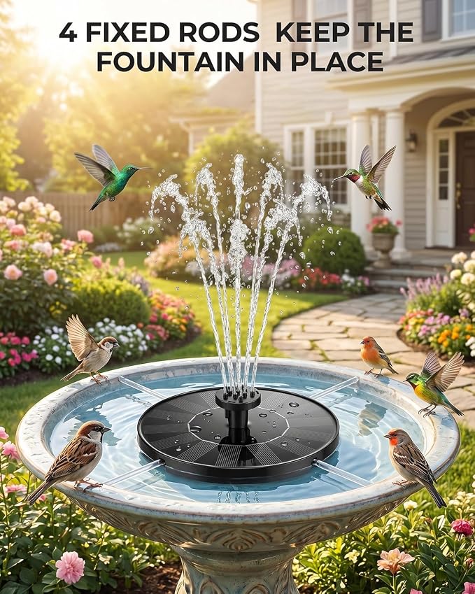 Solar Fountain for Bird Bath, 2026 Upgrade 1.4W Solar Power Water Fountain Pump with 7 Nozzles, Free Standing Floating Powered Fountains for Garden, Pond, Pool, Birdbath (6.3 inch)