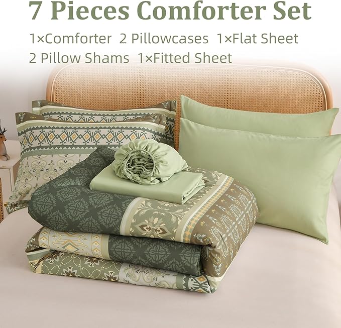Comforter Set King Size Boho,7 Pieces Sage Green Bedding Set Bohemian Striped Bed in a Bag,Soft Microfiber Paisley Floral Comfortet and Sheet Sets for Family All Season