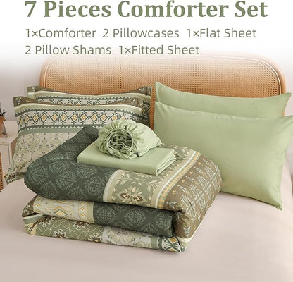 Comforter Set King Size Boho,7 Pieces Sage Green Bedding Set Bohemian Striped Bed in a Bag,Soft Microfiber Paisley Floral Comfortet and Sheet Sets for Family All Season