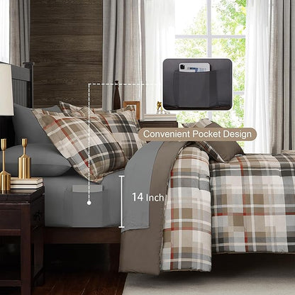 MaiRêve Comforter Set Full Size Khaki, Classic Farmhouse Bedding Set Bed in a Bag 7 Pieces, Lightweight All Season Comforter Set with Sheets, Pillowcases & Shams