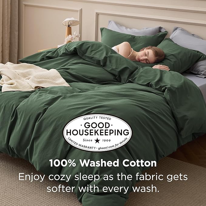 Bedsure 100% Washed Cotton Duvet Cover Oversized King - Olive Green Minimalist Bedding Set Linen Like - PureWoven Plain Simple & Soft Comforter Cover 3-Piece (Olive Green, Oversized King, 120"x98")