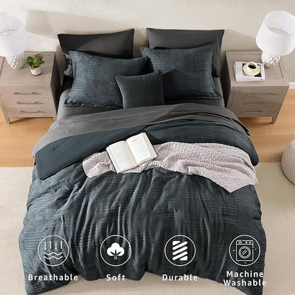 MaiRêve King Comforter Set Blue Grey, Textured Design Crinkle Bedding Sets 7 Pieces, All Season Bed in A Bag with Comforter, Sheets, Pillowcases & Shams
