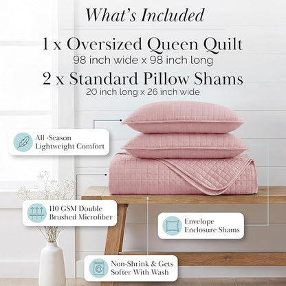 Southshore Fine Living, Inc. Stitched Pink Queen Quilt Bedding Set, Oversized Quilts Queen Size/Full, Pet Hair Resistant Bedding, Soft Cozy Bedspread, Full Size Coverlet, 2 Pillow Shams, Pastel Pink