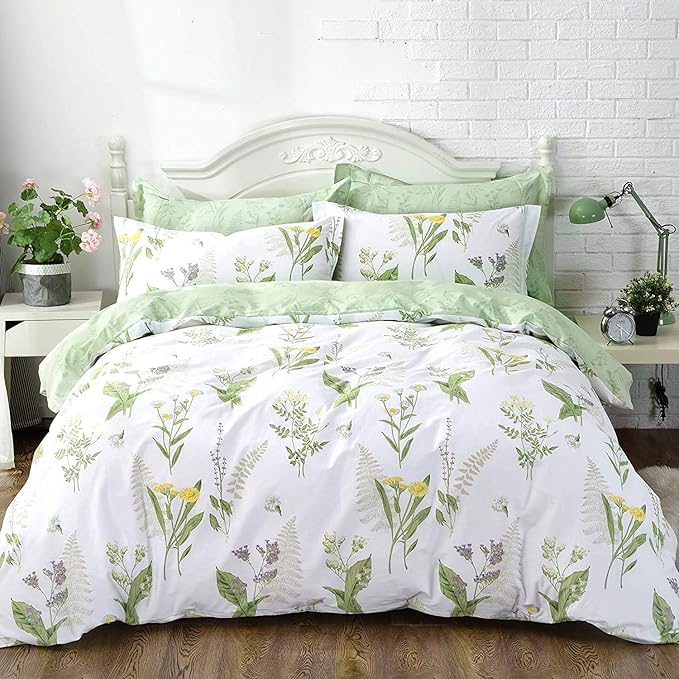 FADFAY Green Leaves Duvet Cover Set Premium 100% Cotton Daisy and Lavender Flowers Target Bedding 3-Piece：1Duvet Cover（No Comforter） + 2Pillowcases (Twin XL, Floral)…