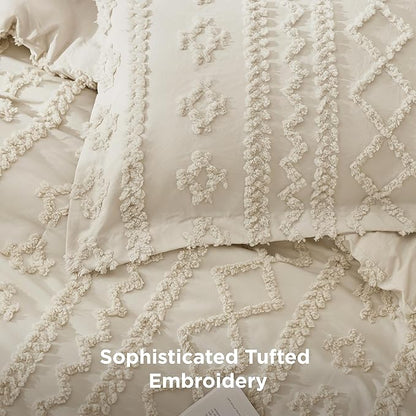 Bedsure Tufted Boho Comforter Set Queen Size - Beige Boho Bed Set, GentleSoft™ 3 Pieces Farmhouse Shabby Chic Embroidery Bedding, Gifts for Woman, Soft Jacquard Queen Comforter for All Seasons