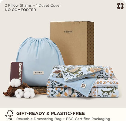 Bedsure Duvet Cover Queen Size - 100% Cotton Reversible Classic Frame Bordered Duvet Cover Set, 3 Pieces Soft & Breathable PureWoven Bedding Set with 2 Pillow Shams (Vintage Blue Boho 90"x90")
