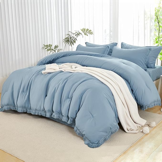 Andency California King Size Comforter Set with Sheets Grayish Blue - 7 Pieces Cal King Bed in a Bag Boho Bedding Sets, Bed Set with Comforter,Sheets, Pillowcases & Shams